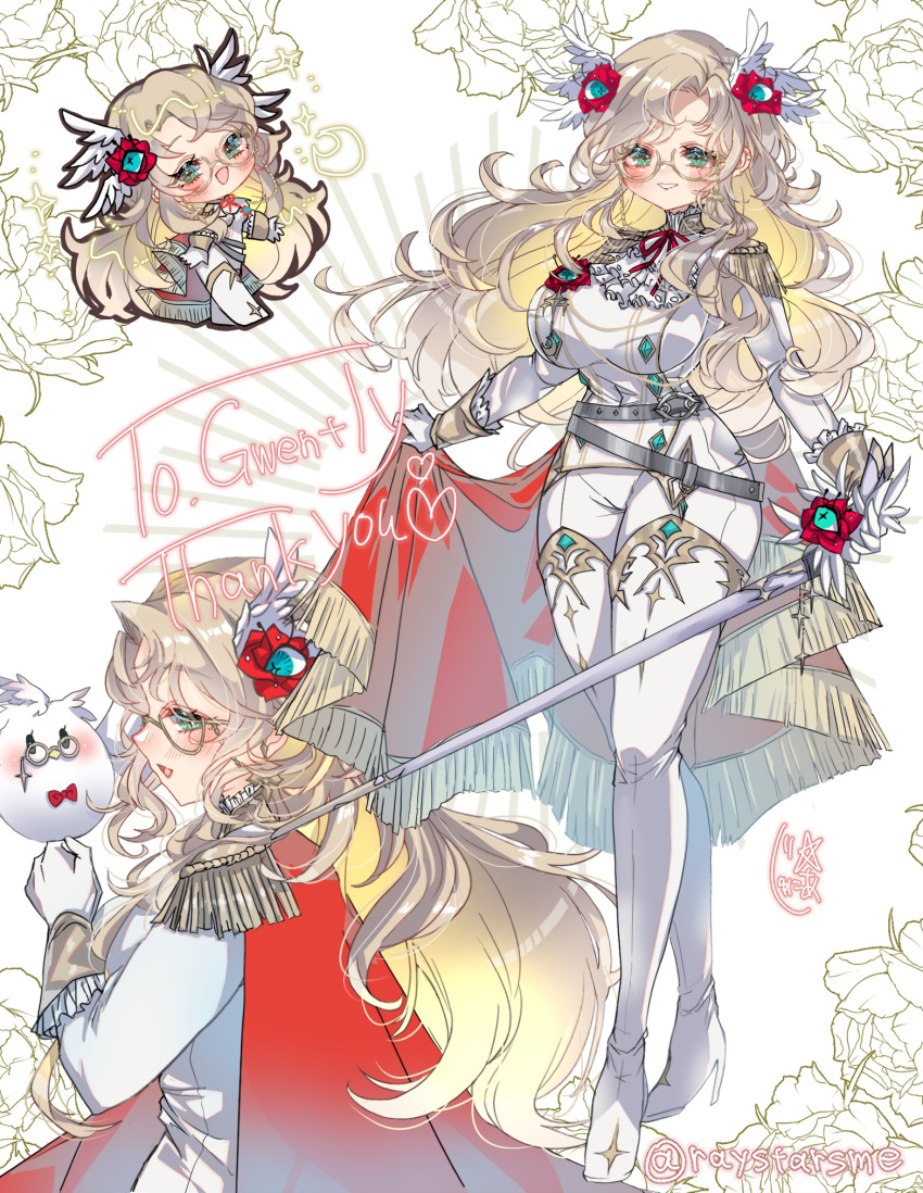 1girl, belt, blonde_hair, blush, boots, breasts, cape, chibi