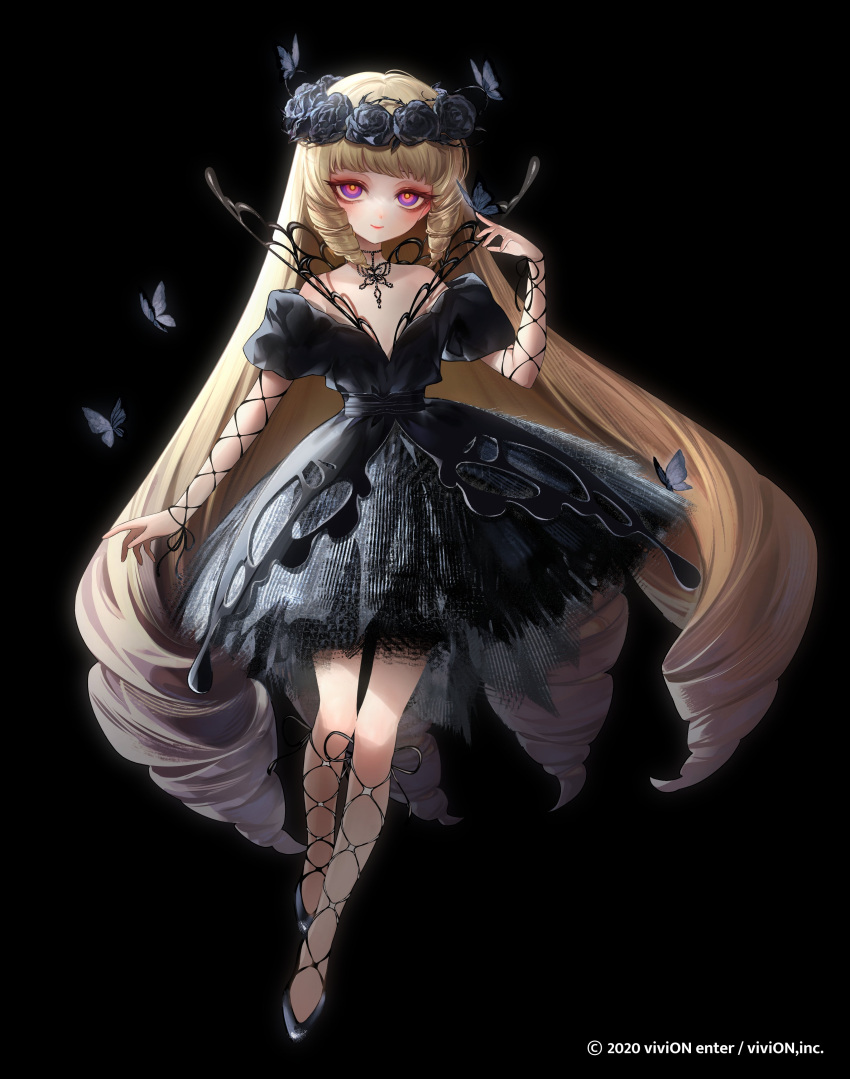 1girl, absurdres, arm_at_side, arm_ribbon, black_background, black_butterfly, black_choker, black_dress