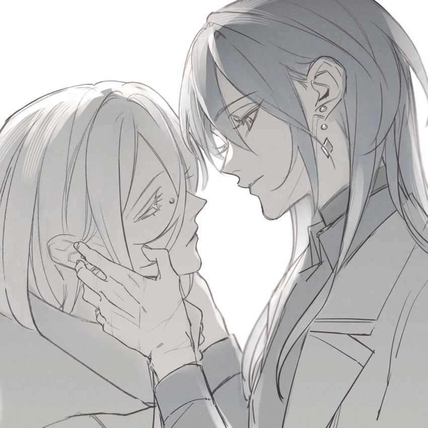 2girls, blue_hair, chief_(path_to_nowhere), closed_mouth, coat, coat_on_shoulders, collared_coat, collared_shirt, commentary_request, diamond_earrings, earrings, expressionless, eyelashes, face-to-face, female_chief_(path_to_nowhere), from_side, gem, grey_coat, grey_eyes, grey_lips, grey_shirt, hair_between_eyes, hands_on_another's_face, highres, jewelry, lapels, light_smile, long_hair_between_eyes, multiple_girls, notched_lapels, nox_(path_to_nowhere), parted_lips, path_to_nowhere, pointy_nose, scar_on_hands, shirt, sidelocks, simple_background, single_earring, toho10min, turtleneck, turtleneck_shirt, undershirt, upper_body, white_background, white_hair, yuri