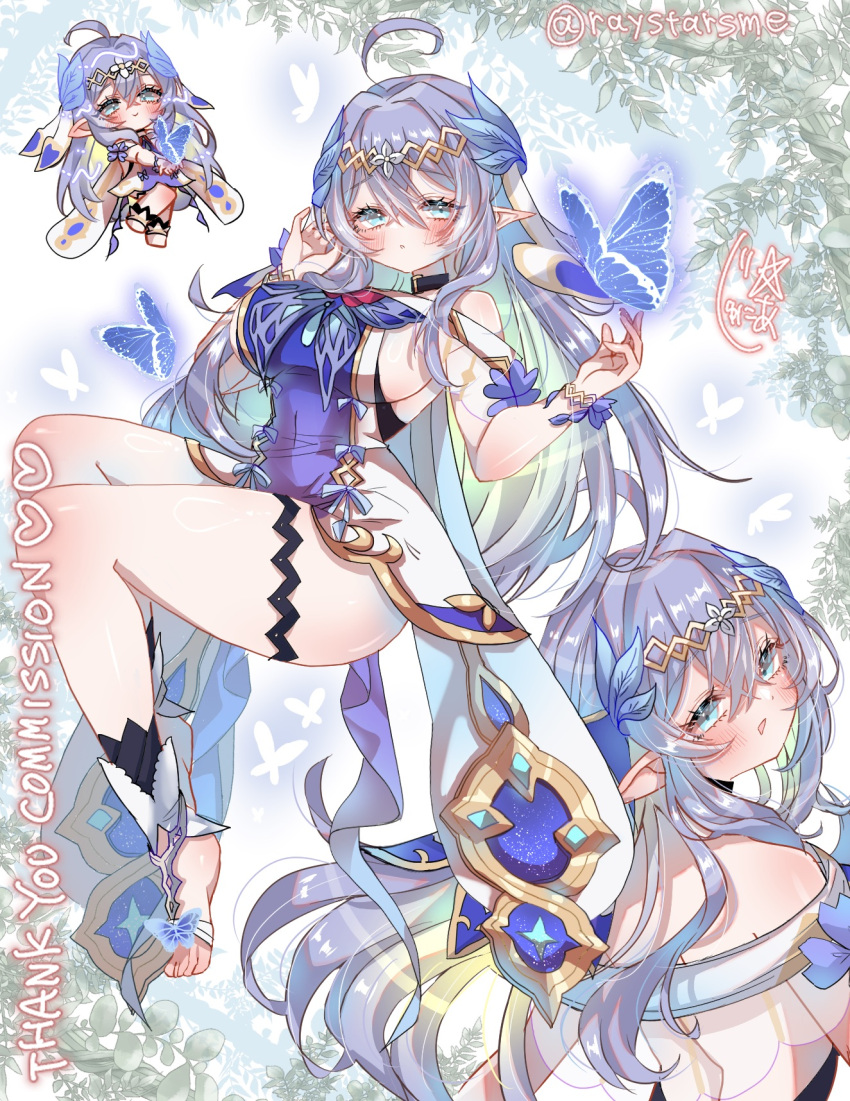 1girl, ahoge, blue_butterfly, blue_eyes, blue_hair, blush, breasts, bug