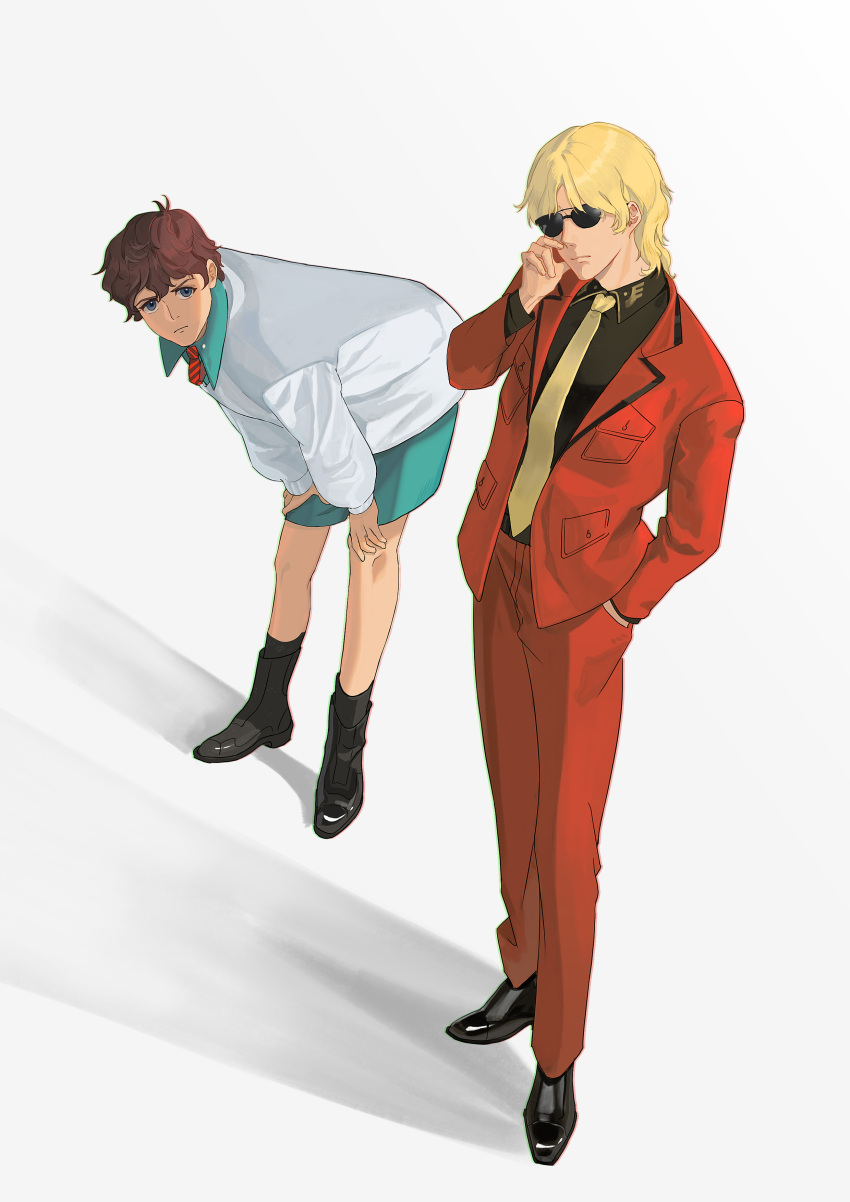 2boys, absurdres, amate_yuzuriha, amate_yuzuriha_(cosplay), amuro_ray, black_shirt, blonde_hair, blue_shorts
