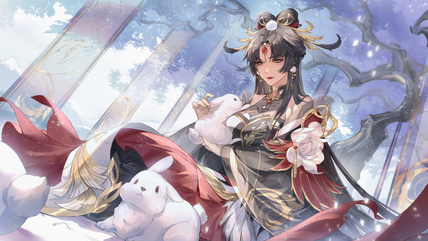 1girl, absurdres, animal, banner, bare_shoulders, black_dress, black_hair, black_sleeves