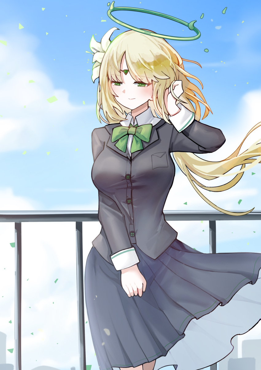 absurdres, adjusting_hair, angel, arm_at_side, blonde_hair, blue_sky, blush, bow