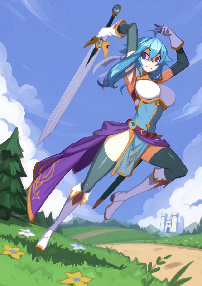 1girl, absurdres, ahoge, armor, armpits, attack, belt, blue_hair, blue_tunic, boots, breastplate, breasts, castle, clouds, commission, commissioner_upload, elbow_gloves, fire_emblem, fire_emblem:_genealogy_of_the_holy_war, flower, gloves, grass, headband, highres, holding, holding_sword, holding_weapon, if_they_mated, julianvanist, knee_up, large_breasts, looking_at_viewer, original, outdoors, pelvic_curtain, popped_collar, sash, selia, sheath, short_hair, shoulder_armor, sidelocks, sky, sleeveless, smile, solo, sword, thigh-highs, thighs, tomboy, tree, tunic, violet_eyes, waist_sash, weapon, white_headband