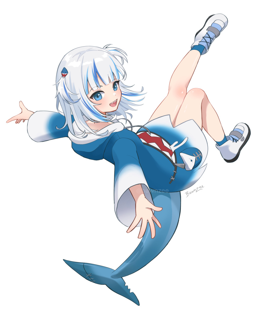 1girl, bawnzee, blue_eyes, blue_hair, blue_hoodie, blue_socks, breasts, eyebrows_hidden_by_hair