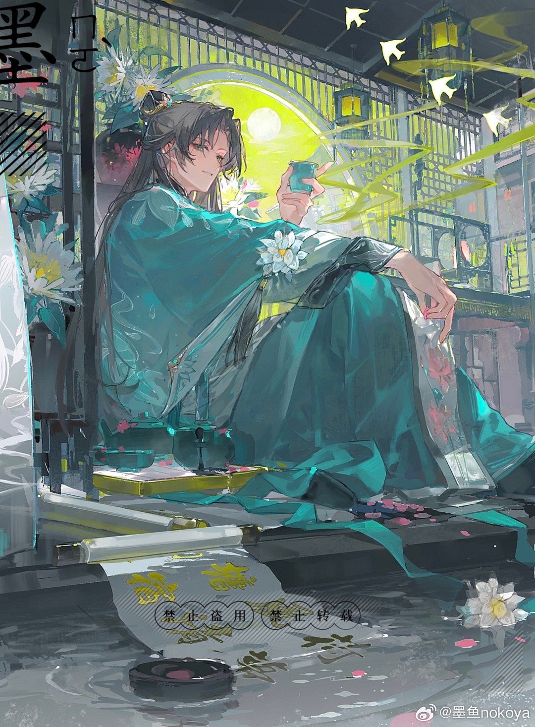 1boy, aqua_coat, aqua_hanfu, aqua_robe, architecture, arm_rest, bird, black_hair