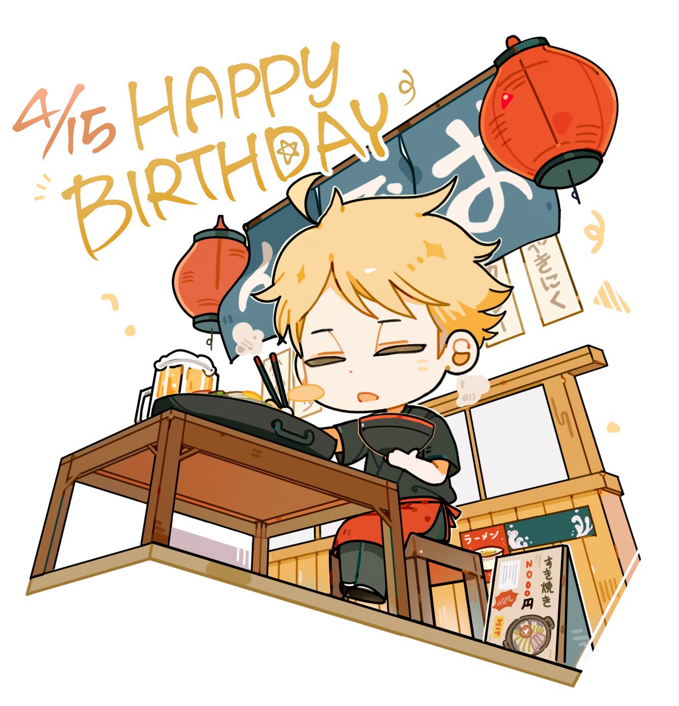1boy, alcohol, apron, beer, beer_mug, black_pants, black_shirt, black_shoes, blonde_hair, bowl, chopsticks, closed_eyes, commentary_request, cup, dated, dot_nose, food, haikyuu!!, happy_birthday, highres, holding, holding_bowl, holding_chopsticks, kawanishi_taichi, korean_commentary, lantern, male_focus, mug, noodles, open_mouth, pants, paper_lantern, parted_bangs, ramen, red_apron, shirt, shoes, short_sleeves, sign, simi_h666, sitting, solo, stool, table, white_background, wooden_stool, wooden_table