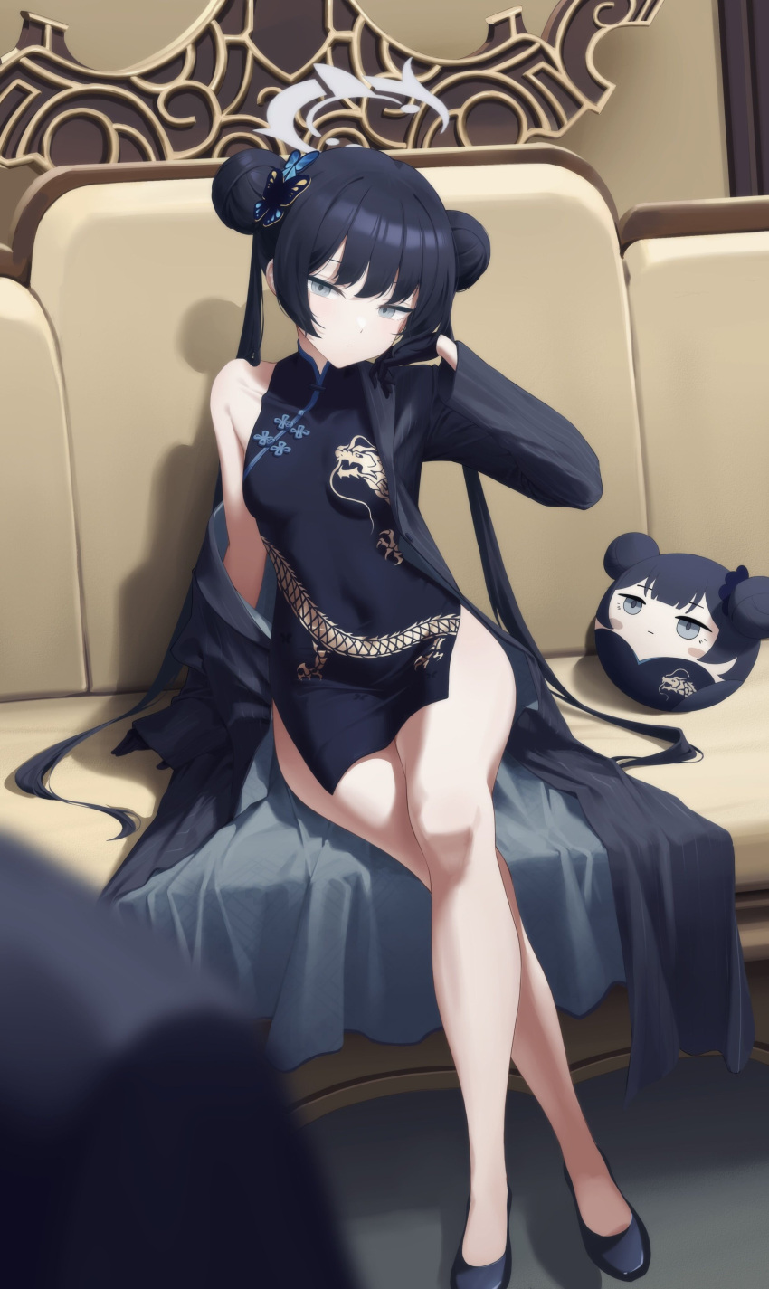 1girl, absurdres, arm_at_side, bare_legs, black_dress, black_gloves, black_hair, black_jacket