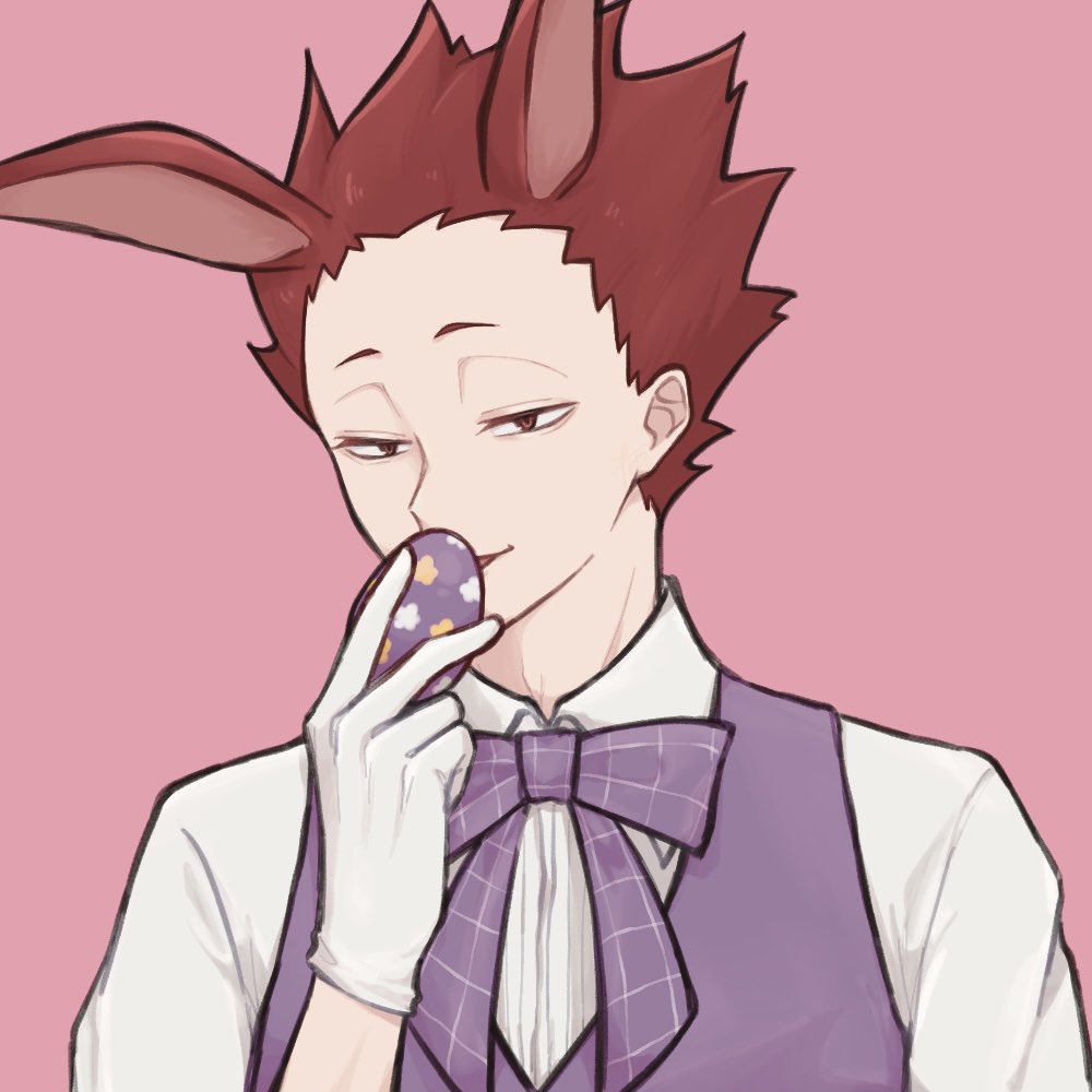 1boy, animal_ears, bow, bowtie, collared_shirt, commentary, dress_shirt, easter, egg, gloves, haikyuu!!, holding, holding_egg, kemonomimi_mode, looking_at_viewer, male_focus, natade_kou09, parted_lips, patterned_clothing, pink_background, purple_bow, purple_vest, rabbit_ears, red_eyes, red_hair, shirt, short_hair, simple_background, smile, solo, spiky_hair, symbol-only_commentary, tendou_satori, upper_body, vest, white_gloves, white_shirt, wing_collar