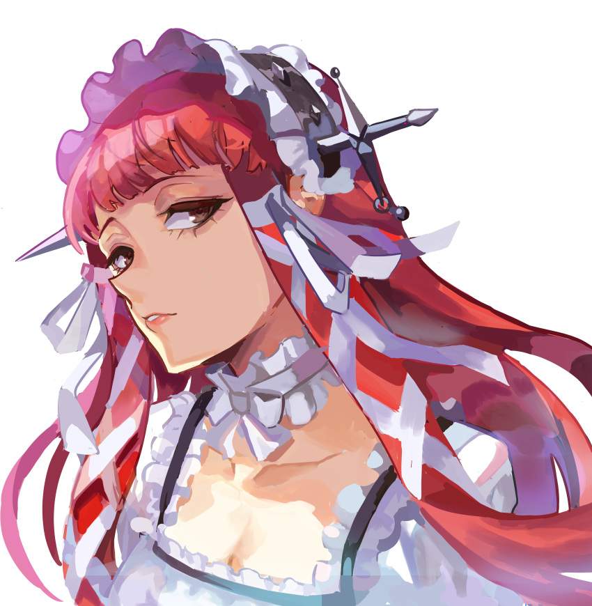 1girl, absurdres, blunt_bangs, brown_eyes, choker, collarbone, dress, frilled_choker