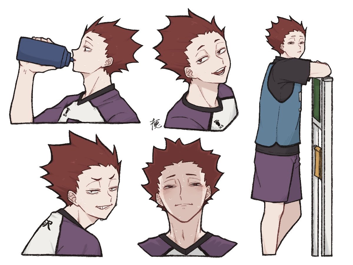1boy, :/, adam's_apple, arm_up, black_shirt, bottle, clenched_teeth, closed_mouth, commentary_request, cropped_legs, cropped_shoulders, drinking, haikyuu!!, holding, holding_bottle, looking_at_viewer, looking_to_the_side, male_focus, multicolored_shirt, multiple_views, natade_kou09, open_mouth, purple_shorts, red_hair, shiratorizawa_volleyball_uniform, shirt, short_hair, short_sleeves, shorts, sideways_glance, simple_background, spiky_hair, sportswear, standing, teeth, tendou_satori, volleyball_uniform, water_bottle, white_background