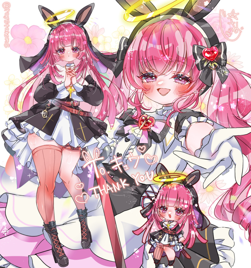 1girl, animal_ears, black_shoes, blush, bow, chibi, commission, fake_animal_ears
