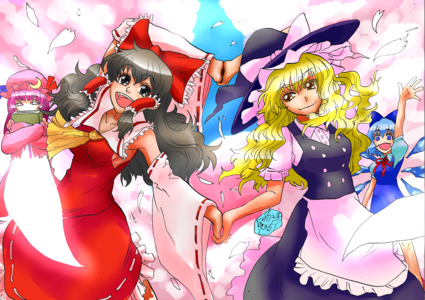 4girls, apron, ascot, black_hair, blonde_hair, blue_bow, blue_dress, blue_eyes