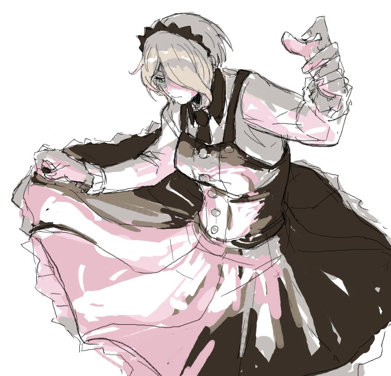 1girl, black_dress, blonde_hair, breasts, buttons, collared_shirt, commentary_request, danganronpa_(series), danganronpa_v3:_killing_harmony, dress, foreshortening, green_eyes, hair_over_one_eye, hairband, koikeya_(zam), lace-trimmed_hairband, lace_trim, long_sleeves, monochrome, necktie, shirt, short_hair, solo, tojo_kirumi, white_background, white_shirt