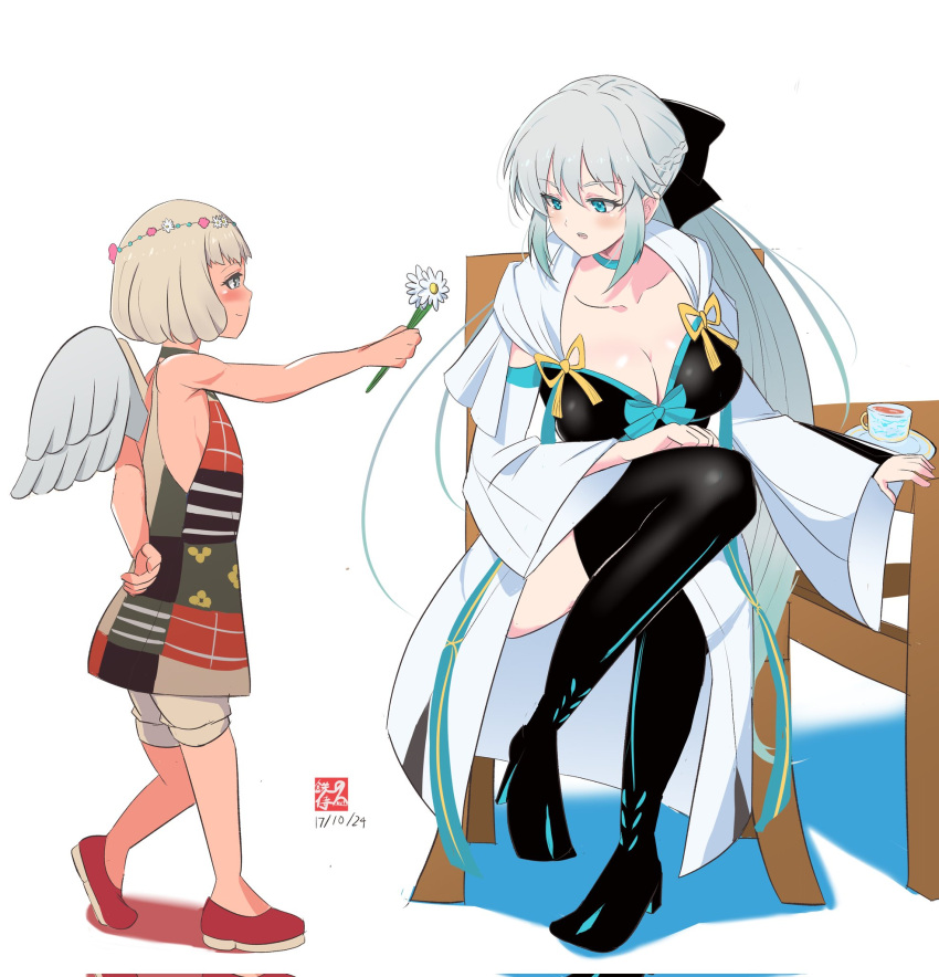 2girls, black_bow, blue_eyes, blush, bow, corrupted_twitter_file, crossover, dated