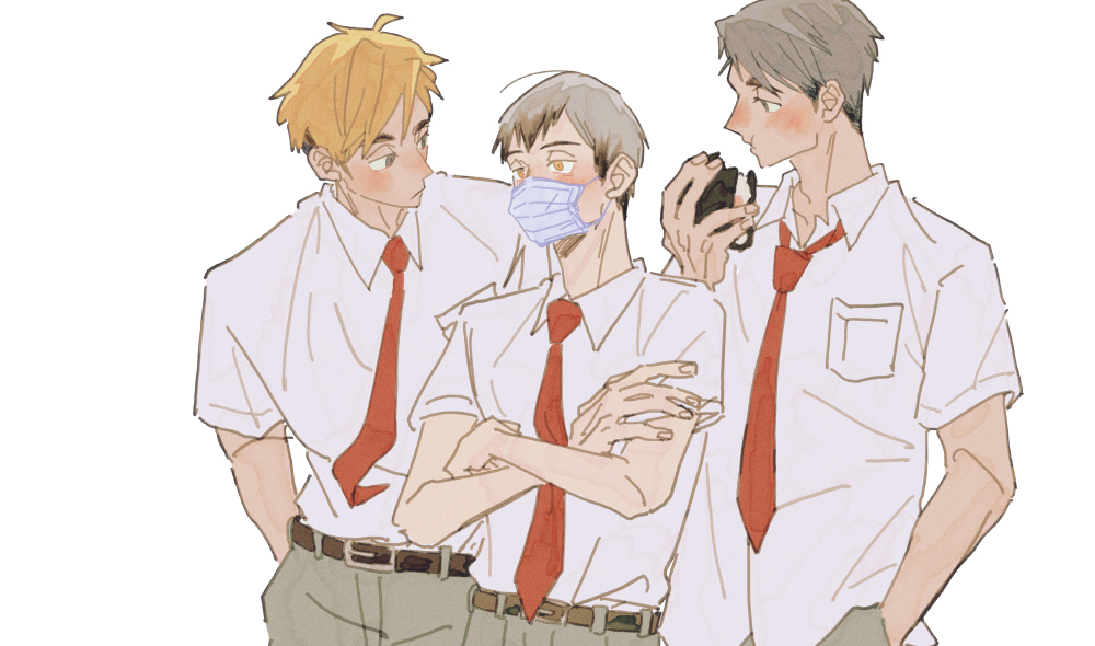 3boys, belt, belt_buckle, black_belt, black_hair, blonde_hair, breast_pocket, brothers