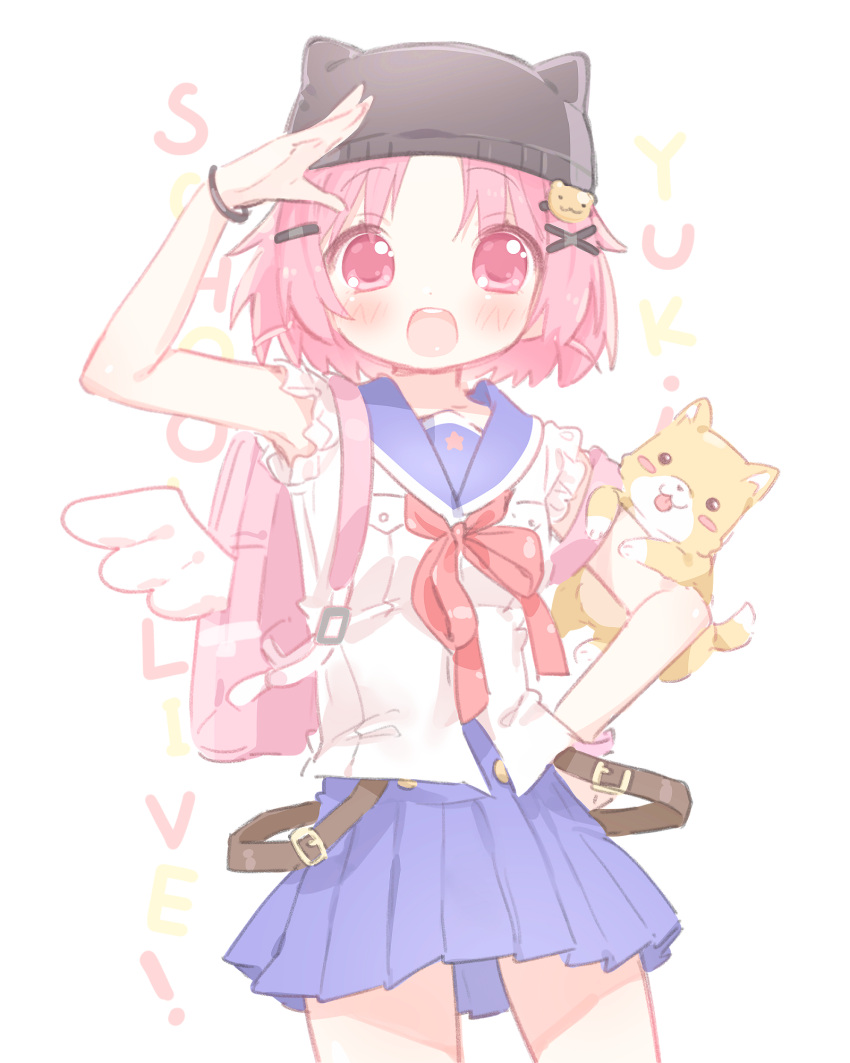 1girl, :d, backpack, bag, beanie, belt, blue_sailor_collar, blue_skirt