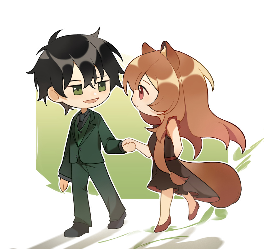1boy, 1girl, :d, absurdres, alternate_costume, animal_ear_fluff, animal_ears, arm_behind_back