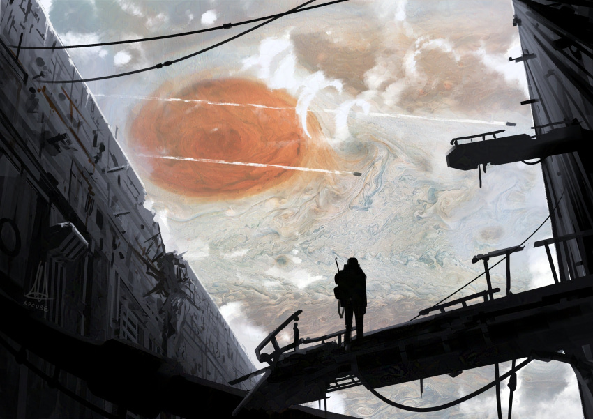 1other, absurdres, antennae, backpack, bag, battle, cable, catwalk_(walkway), europa_(moon), europa_ice_war_(meme), from_behind, from_below, great_red_spot, helmet, highres, jupiter_(planet), meme, original, railing, ruins, silhouette, smoke, smoke_trail, spacecraft, standing, trench, xcube