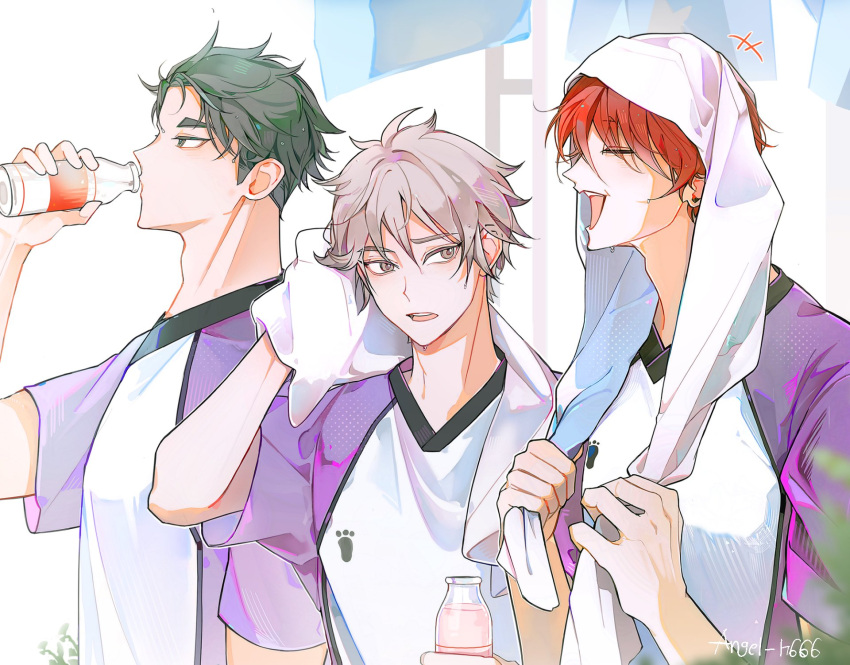 3boys, arm_up, black_hair, bottle, closed_eyes, closed_mouth, commentary_request, drinking