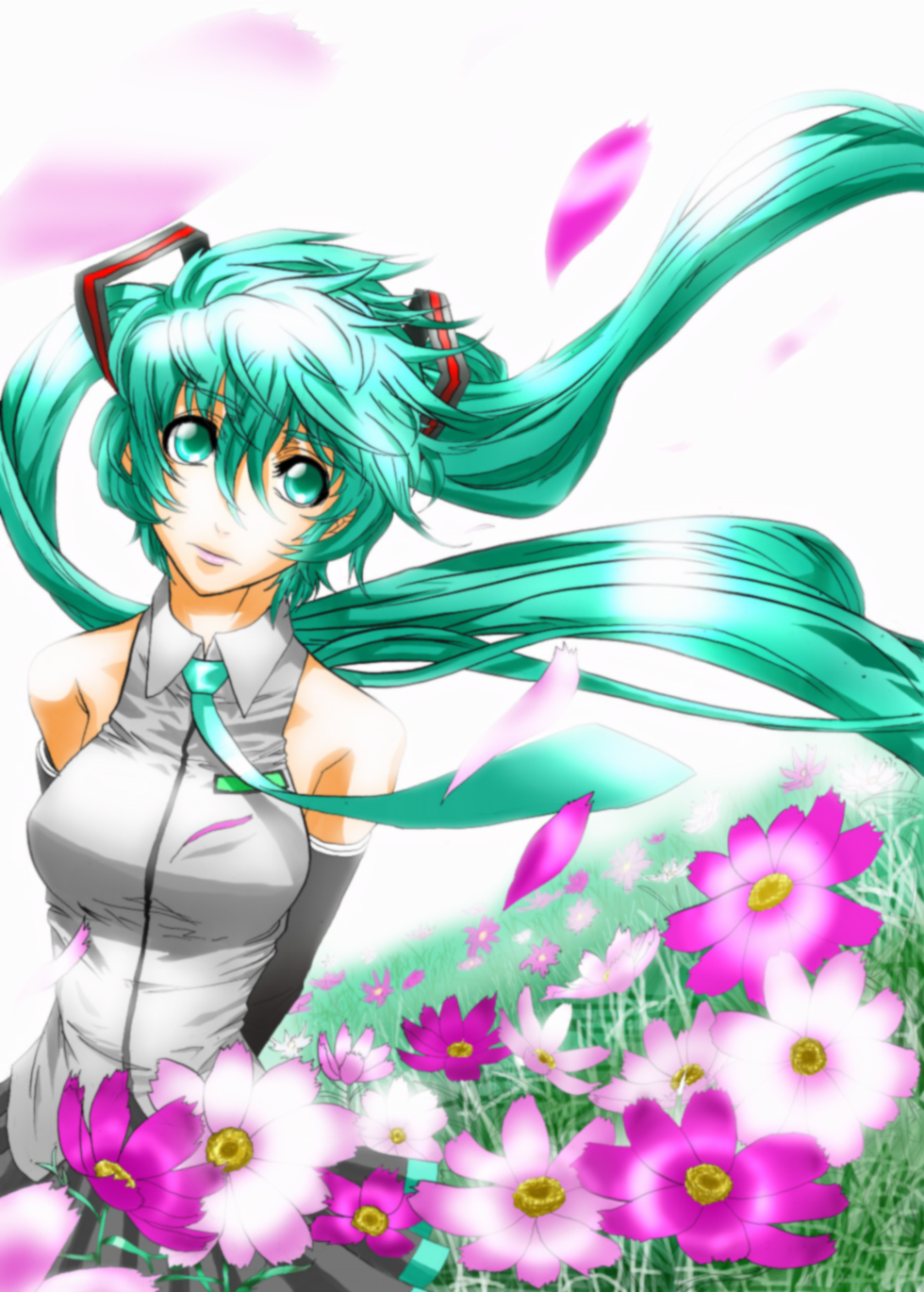 1girl, aqua_eyes, aqua_hair, aqua_necktie, arms_behind_back, bare_shoulders, black_sleeves, detached_sleeves