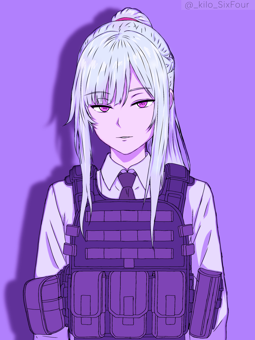 1girl, absurdres, ak-12_(girls'_frontline), alternate_costume, black_necktie, body_armor, braid, cimol95, commentary, girls_frontline, grey_hair, highres, ibispaint_(medium), long_hair, long_sleeves, looking_at_viewer, military, necktie, open_mouth, parted_lips, ponytail, purple_background, shirt, sidelocks, simple_background, solo, symbol-only_commentary, twitter_username, upper_body, violet_eyes, white_shirt