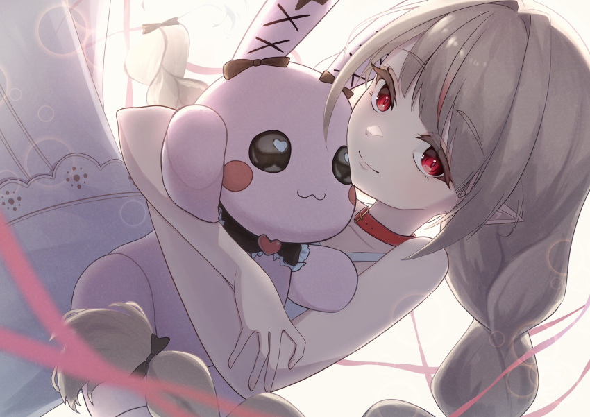 1girl, backlighting, bare_shoulders, belt_collar, black_ribbon, bloom, blunt_bangs, blurry