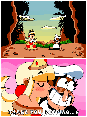 1boy, 1girl, black_eyes, black_hair, blonde_hair, blush, clouds, cloudy_sky, couple, english_text, facial_hair, flat_chest, kiss, kissing_cheek, lowres, mountain, nintendo, original, parody, peppino_spaghetti, pizza_princess_(tinytoxicwaste101), pizza_tower, princess_shokora, sky, smile, sun, sunset, tinytoxicwaste101, tour_de_pizza_(publisher), wario, wario_land, wario_land_4