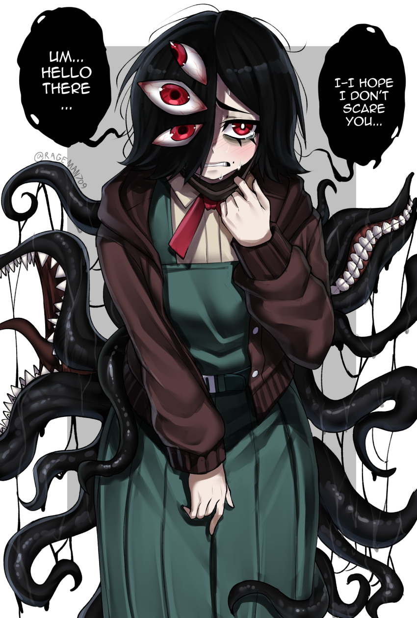 1girl, absurdres, belt, black_belt, black_hair, brown_jacket, brown_skirt, english_text