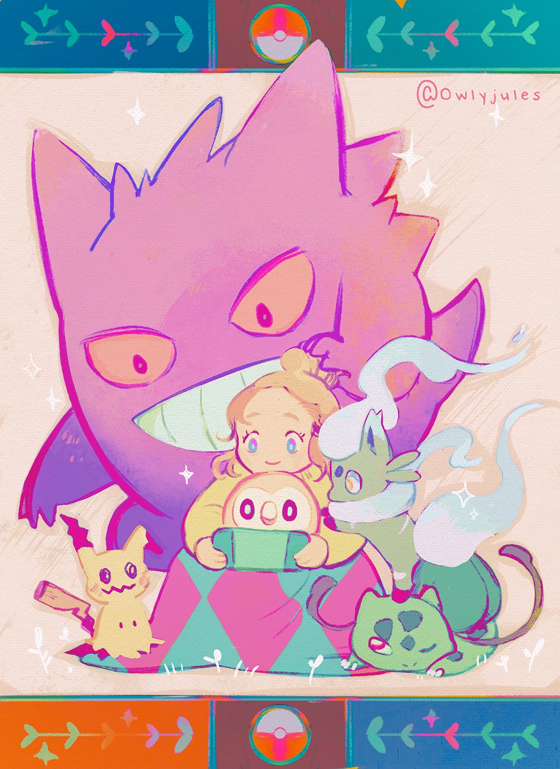 1girl, artist_name, blanket, blonde_hair, blue_eyes, border, bulbasaur, character_request
