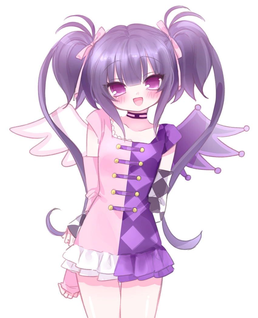 1girl, :d, argyle_arm_warmers, argyle_clothes, argyle_dress, arms_behind_back, asymmetrical_wings, buttons, choker, cowboy_shot, dress, flat_chest, frilled_dress, frills, hair_ribbon, highres, kurisu_kaname, long_hair, looking_at_viewer, mipi_(u3u_00), mismatched_arm_warmers, mismatched_wings, pink_arm_warmers, pink_dress, pretty_rhythm, pretty_rhythm_aurora_dream, pretty_series, purple_dress, purple_hair, ribbon, short_dress, short_sleeves, simple_background, smile, solo, split-color_clothes, twintails, violet_eyes, white_background, wings