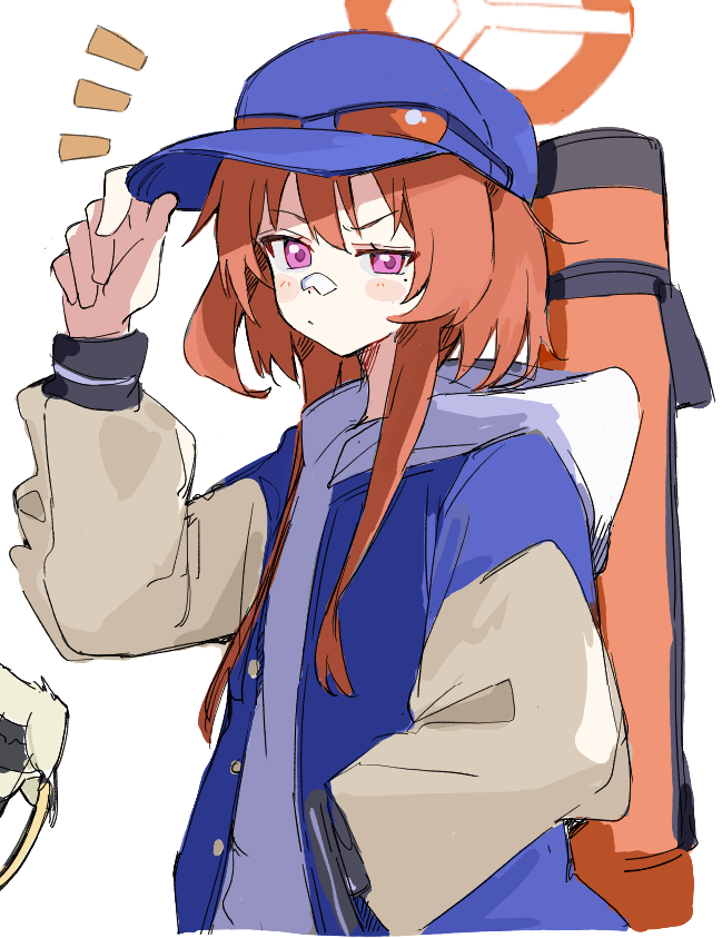 1girl, bandaid, bandaid_on_face, bandaid_on_nose, blue_archive, blue_hat, eyewear_on_headwear, gauze_on_nose, halo, hat, hood, hoodie, jacket, letterman_jacket, orange-tinted_eyewear, orange_hair, orange_halo, pink_eyes, rei_(blue_archive), solo, sports_sunglasses, sunglasses, tinted_eyewear, white_background, white_hoodie, youbi_(0ver_sd)