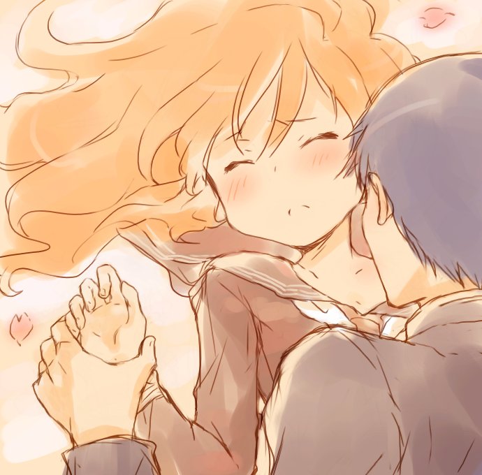 1girl, aisaka_taiga, arm_grab, blue_hair, blush, cherry_blossoms, closed_eyes, couple, eyes_closed, heart, long_hair, orange_hair, school_uniform, serafuku, shirotaka_(shirotaka), short_hair, takasu_ryuuji, toradora!