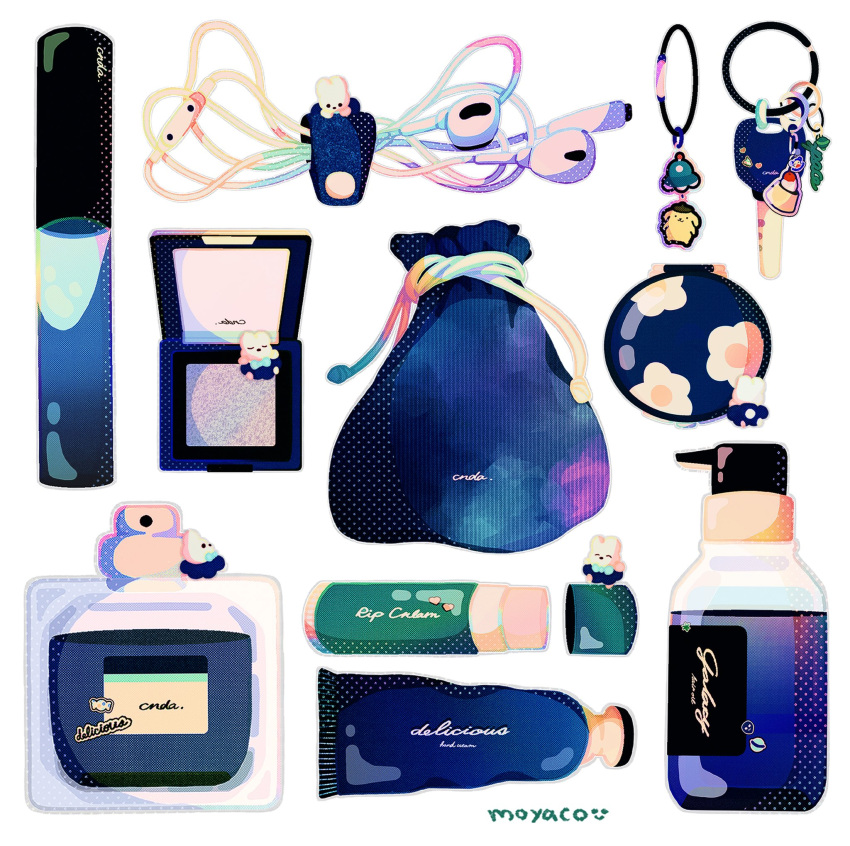 artist_name, bag, blue_theme, bottle, cellphone_charm, charm_(object), closed_eyes, commentary