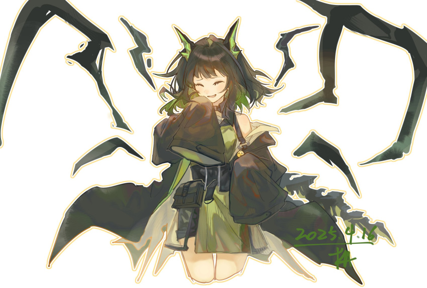 1girl, ^_^, ahoge, animal_ears, arknights, bare_shoulders, belt, belt_pouch, black_belt, black_hair, black_jacket, black_tail, blush, closed_eyes, colored_inner_hair, commentary_request, cropped_legs, dated, dress, emoji, fake_animal_ears, giggling, green_dress, green_hair, hand_up, highres, huge_ahoge, jacket, maplebyebye, medium_hair, mon3tr_(arknights), multicolored_hair, off_shoulder, open_mouth, pouch, see-through_clothes, simple_background, sleeveless, sleeveless_dress, sleeves_past_fingers, sleeves_past_wrists, solo, swept_bangs, two-tone_hair, white_background