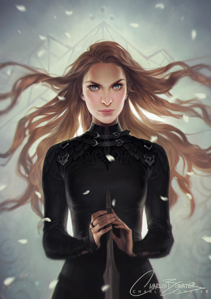 1girl, a_court_of_thorns_and_roses_(series), armor, artist_logo, artist_name, black_armor, blurry, bow_(weapon), brown_hair, charlie_bowater, commentary, depth_of_field, english_commentary, falling_petals, feyre_archeron, floating_hair, grey_eyes, holding, holding_weapon, jewelry, lips, logo, long_hair, long_sleeves, looking_at_viewer, petals, realistic, ring, signature, simple_background, solo, upper_body, very_long_hair, weapon