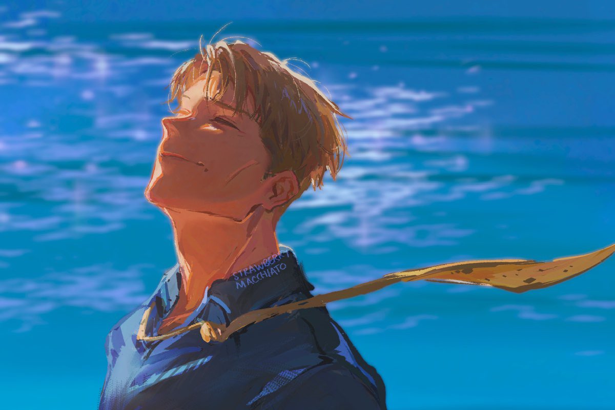 1boy, artist_name, blonde_hair, blue_shirt, closed_eyes, collared_shirt, commentary, floating_clothes