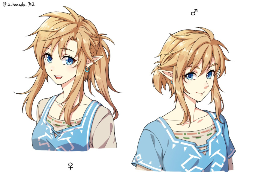 1boy, 1girl, blonde_hair, blue_eyes, breasts, closed_mouth, collarbone, dual_persona