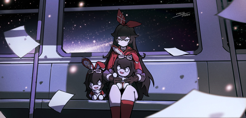 1girl, amber_(genshin_impact), baron_bunny_(genshin_impact), brown_gloves, brown_hair, genshin_impact, gloves, hair_ribbon, highres, jacket, long_hair, maoyu_baiyue, paper, red_jacket, red_ribbon, ribbon, signature, sitting, solo, space, stuffed_toy, train_interior, very_long_hair, yellow_eyes
