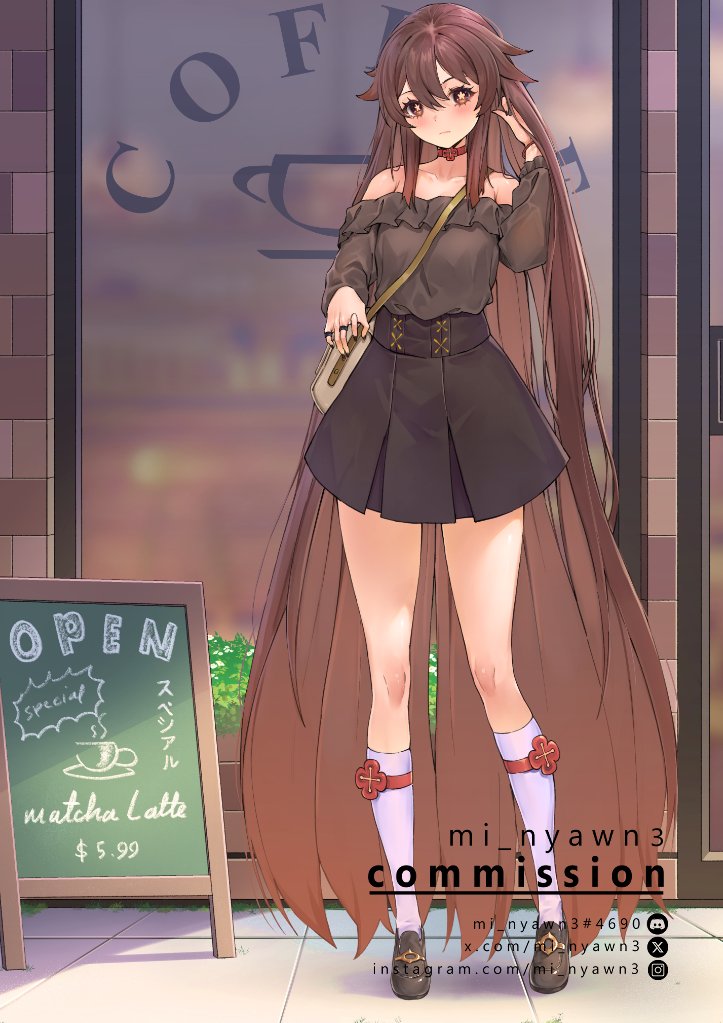 absurdly_long_hair, alternate_costume, alternate_hairstyle, bag, bare_shoulders, brown_hair, commission, dress