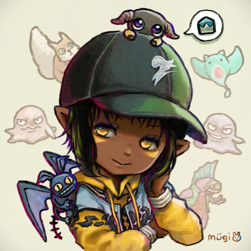 1girl, baseball_cap, black_hair, black_hat, brown_background, closed_mouth, cropped_torso, dark-skinned_female, dark_skin, eyebrows_hidden_by_hair, final_fantasy, final_fantasy_xiv, flat_chest, gameplay_mechanics, gimme_cat, hand_on_own_cheek, hand_on_own_face, hat, highres, jacket, lalafell, looking_to_the_side, manta_ray, mugi_(shrimpi_mugi), multicolored_hair, pointy_ears, signature, simple_background, slime_(creature), solo, spoken_symbol, squirrel, streaked_hair, warrior_of_light_(ff14), yan_(final_fantasy), yellow_eyes, yellow_jacket