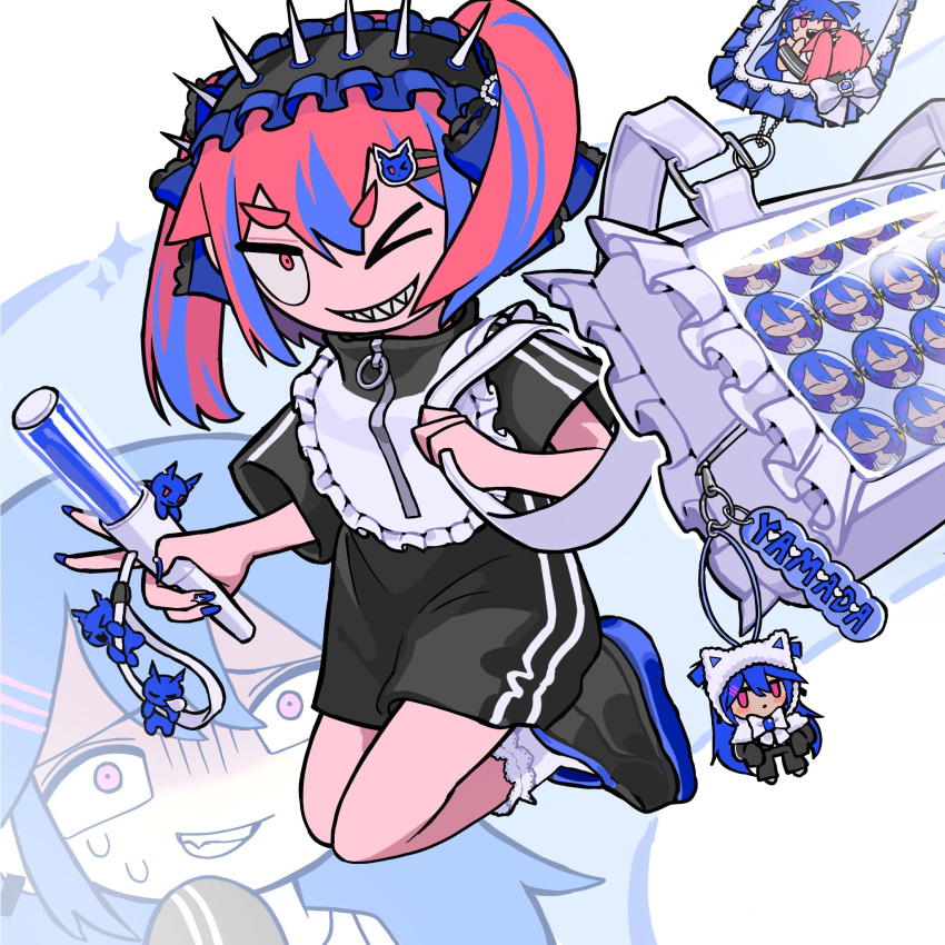 >_o, 1girl, animal_hat, apron, bag, black_jacket, black_pants, black_shoes