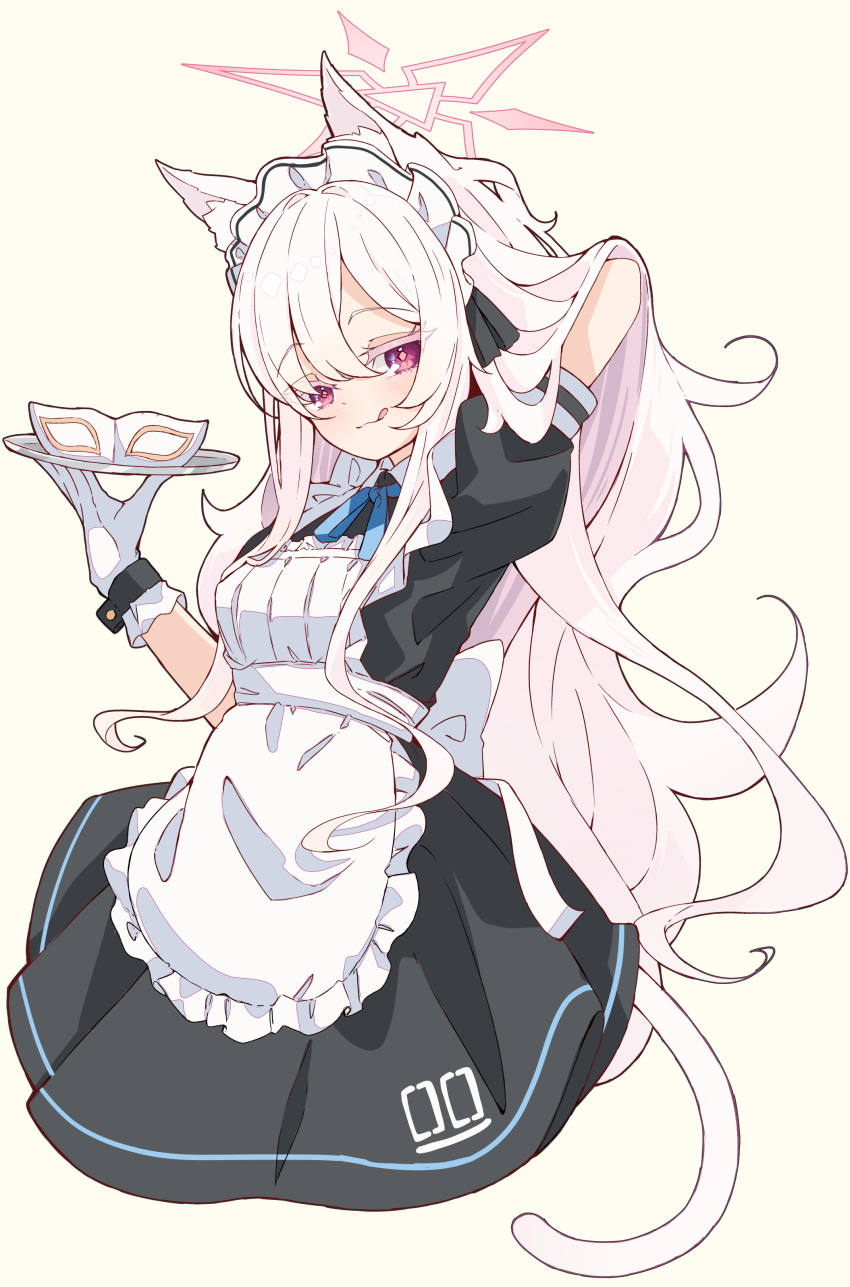 1girl, :q, absurdres, adjusting_hair, akira_(blue_archive), alternate_costume, animal_ear_fluff, animal_ears, apron, arm_behind_head, back_bow, black_dress, black_ribbon, blue_archive, blue_ribbon, bow, bright_pupils, cat_ears, cat_girl, cat_tail, closed_mouth, colored_eyelashes, commentary, cowboy_shot, cropped_legs, dress, enmaided, eyes_visible_through_hair, frilled_apron, frills, gloves, hair_between_eyes, hair_ribbon, halo, hand_up, highres, kanikama_acedia, long_hair, looking_at_viewer, maid, maid_apron, maid_headdress, mask, neck_ribbon, pink_halo, puffy_short_sleeves, puffy_sleeves, red_eyes, ribbon, short_sleeves, sidelocks, simple_background, smile, solo, symbol-only_commentary, tail, tongue, tongue_out, unworn_mask, very_long_hair, white_apron, white_bow, white_eyelashes, white_gloves, white_hair, yellow_background