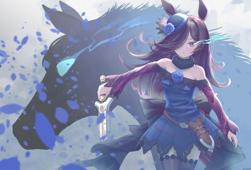 1girl, absurdres, asymmetrical_bangs, bilingual_commentary, black_choker, black_thighhighs, blue_dress, blue_hat