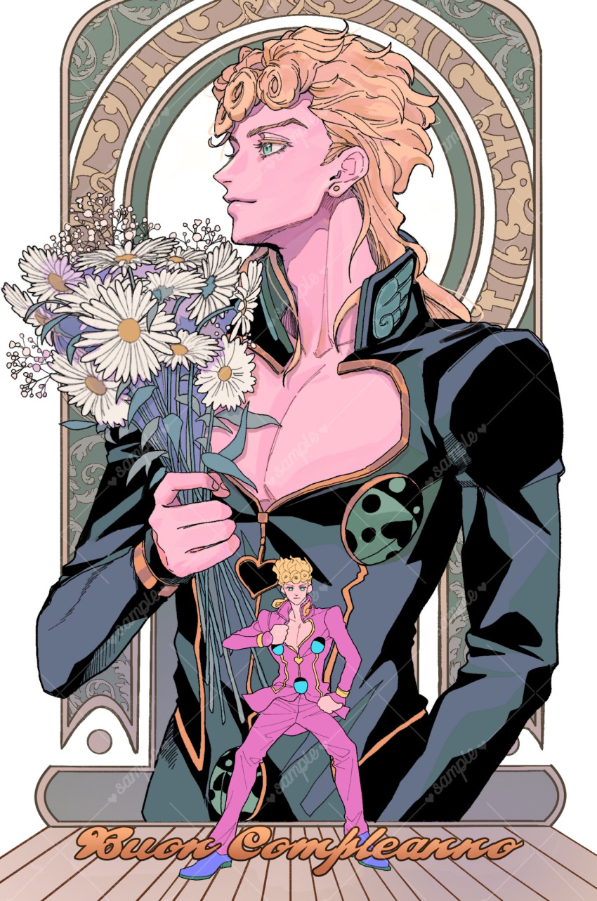 2boys, 99g_q, black_jacket, blonde_hair, cleavage_cutout, clothing_cutout, commentary, earrings