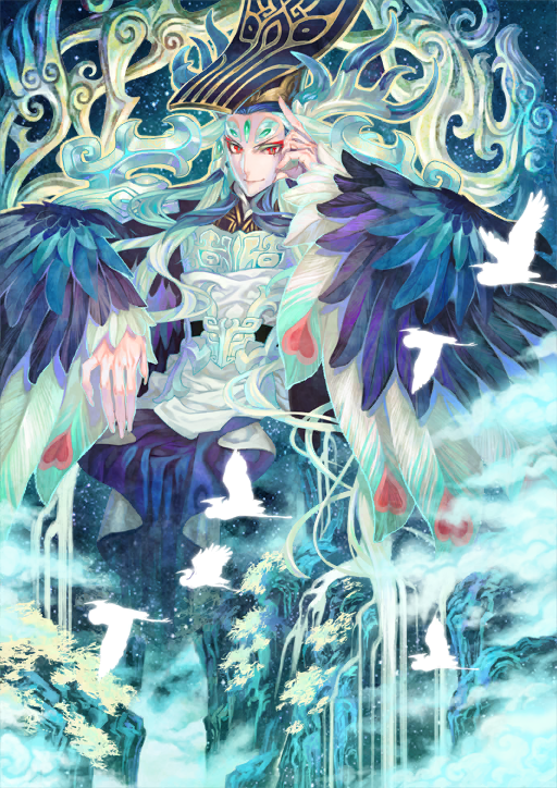 1boy, aqua_hair, aqua_theme, azuma_toh, bird, bishounen, blue_feathers, blue_hair