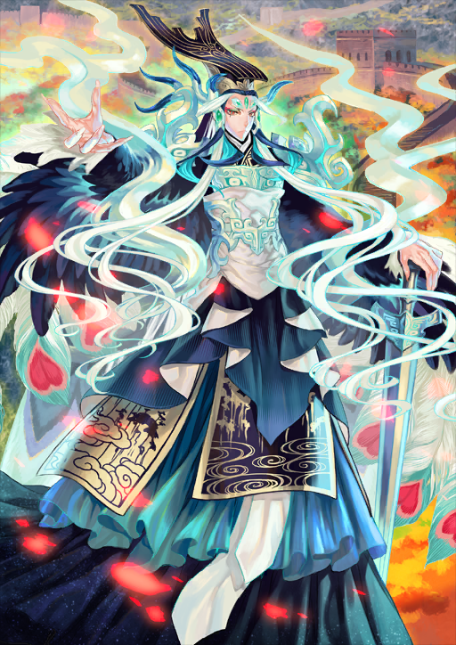 1boy, aqua_hair, azuma_toh, bishounen, blue_feathers, blue_hair, chinese_clothes, closed_mouth