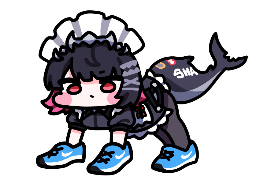 1girl, absurdres, all_fours, black_hair, blue_shoes, blunt_bangs, chibi, colored_inner_hair, deformed, ellen_joe, fins, fish_tail, hands_in_shoes, highres, italian_brainrot_ai_animals_(meme), looking_at_viewer, maid, maid_headdress, meme, metal_hairband, mmiko, multicolored_hair, nike_(company), red_eyes, shark_girl, shark_tail, shoes, short_hair, short_sleeves, simple_background, sneakers, solo, spiked_headband, tail, white_background, zenless_zone_zero