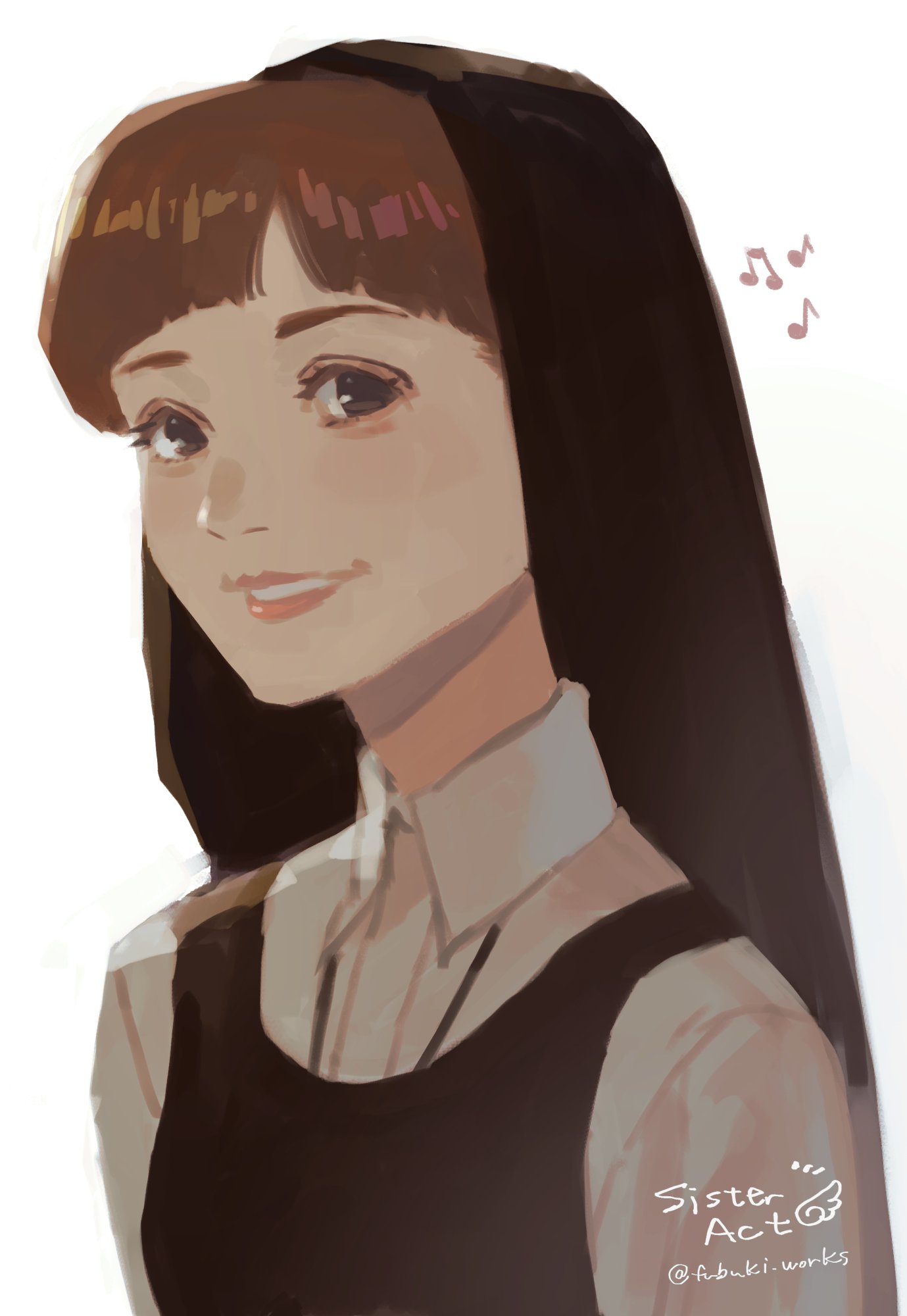 1girl, blunt_bangs, brown_hair, collared_shirt, commentary, copyright_name, fubuki_(fakemonkey0224), highres, looking_at_viewer, musical_note, nun, parted_lips, pink_lips, shirt, signature, simple_background, sister_act, sister_mary_robert, smile, solo, upper_body, white_background