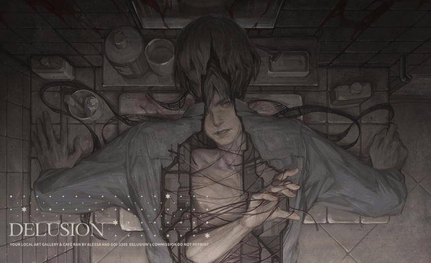 1boy, bathroom, bent_over_furniture, chanasykine, commission, english_text, faucet, from_above